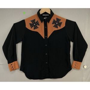 VTG Daniali Western Womens M Black Cross Embellished Pearl Snaps MADE USA - RARE